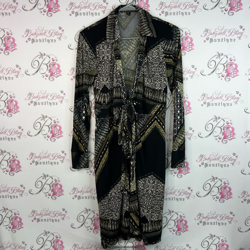 Saudra augelazzi Dress wrap belted collared Black and Gold Patterned Maxi Dress